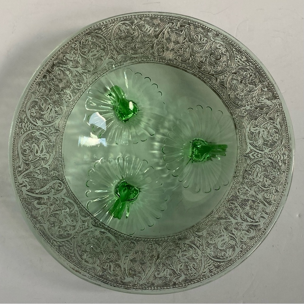 Depression Glass Footed Dish Etched Platter Plate 7” Candy Cookies Decor EUC